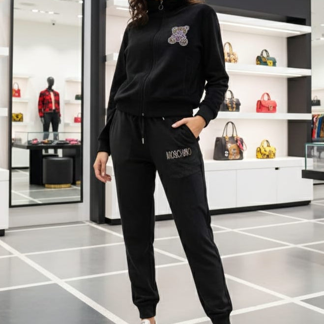 Stylish Black Bear Print Track Set for Women