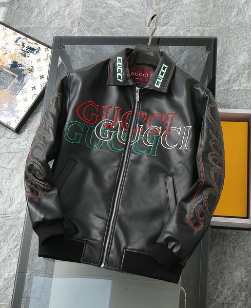 Premium Black Leather Look Jacket with Bold Multi-Color Embroidery