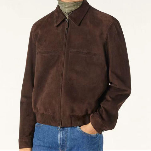 Premium Suede Brown Zip-Up Jacket for Men