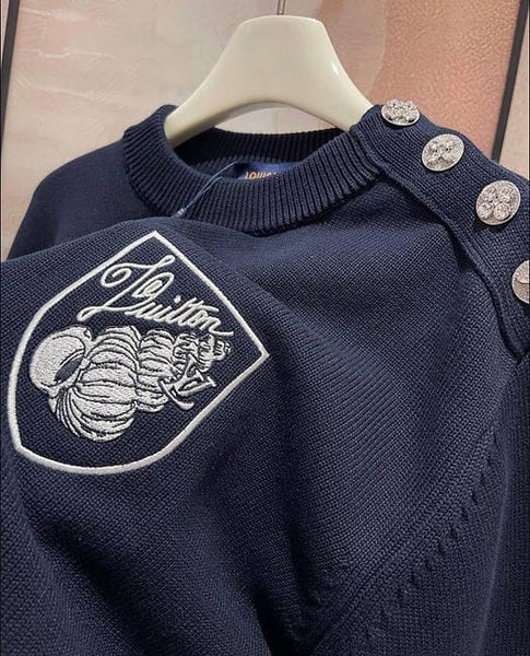 Navy Premium Button-Shoulder Pullover  with Chest Patch