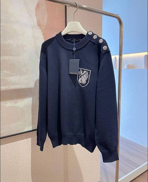 Navy Premium Button-Shoulder Pullover  with Chest Patch