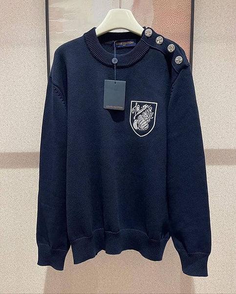 Navy Premium Button-Shoulder Pullover  with Chest Patch