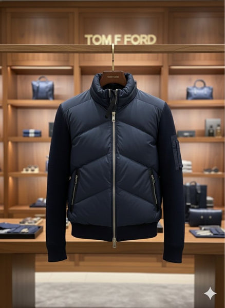 Premium Navy Puffer Bomber Jacket with Knitted Sleeves