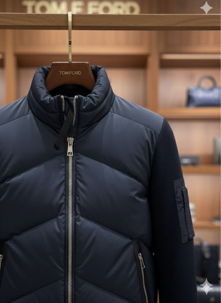 Premium Navy Puffer Bomber Jacket with Knitted Sleeves