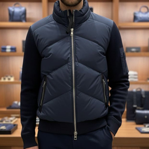 Premium Navy Puffer Bomber Jacket with Knitted Sleeves