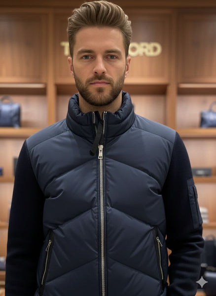 Premium Navy Puffer Bomber Jacket with Knitted Sleeves