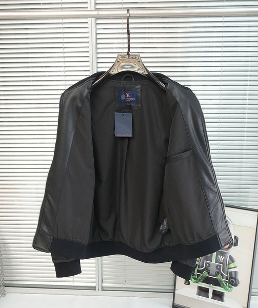 Premium Checkered Bomber Jacket with Leather Sleeves