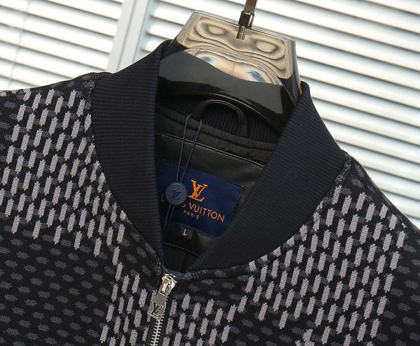 Premium Checkered Bomber Jacket with Leather Sleeves