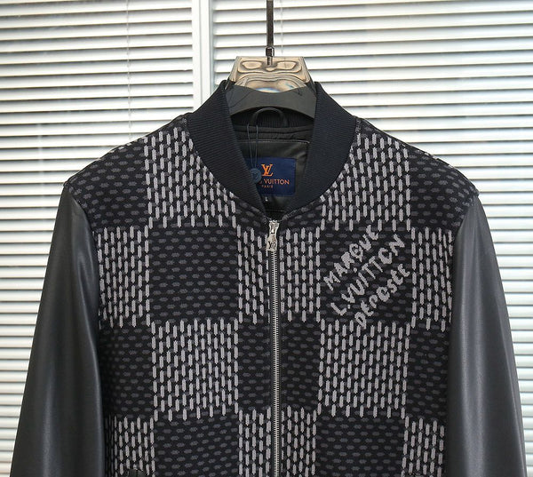 Premium Checkered Bomber Jacket with Leather Sleeves