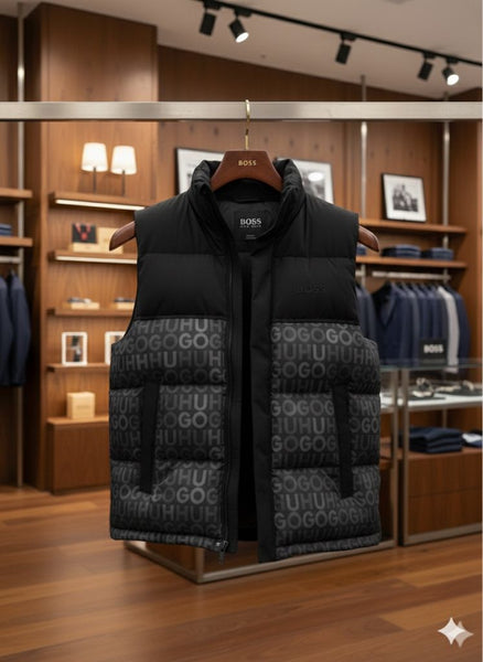 Premium Blac Printed Puffer Sleeveless Jacket for Men