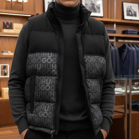 Premium Blac Printed Puffer Sleeveless Jacket for Men