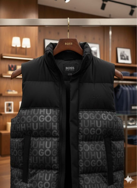 Premium Blac Printed Puffer Sleeveless Jacket for Men