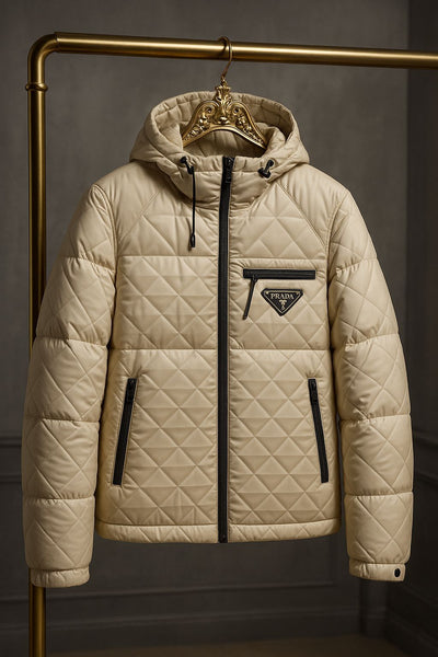 Luxury Beige Quilted Hooded Puffer Jacket with Black Zip Detailing