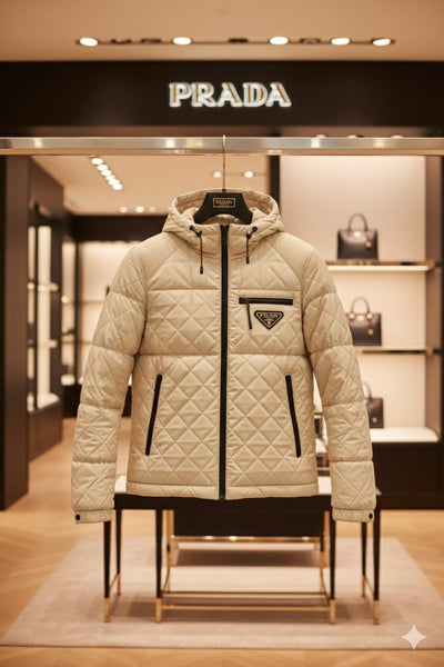Luxury Beige Quilted Hooded Puffer Jacket with Black Zip Detailing
