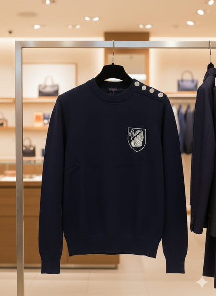 Navy Premium Button-Shoulder Pullover  with Chest Patch