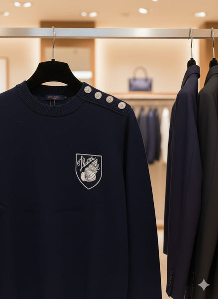 Navy Premium Button-Shoulder Pullover  with Chest Patch