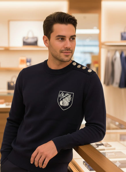 Navy Premium Button-Shoulder Pullover  with Chest Patch