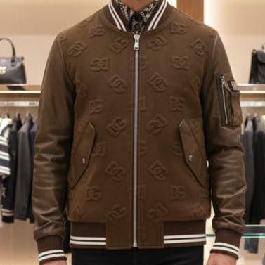 Premium Brown Bomber Jacket with Embossed Designer Pattern