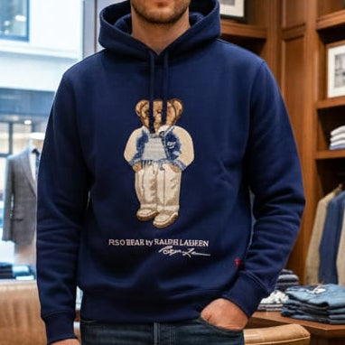 Premium Navy Blue Bear Embroidered Hoodie for Men