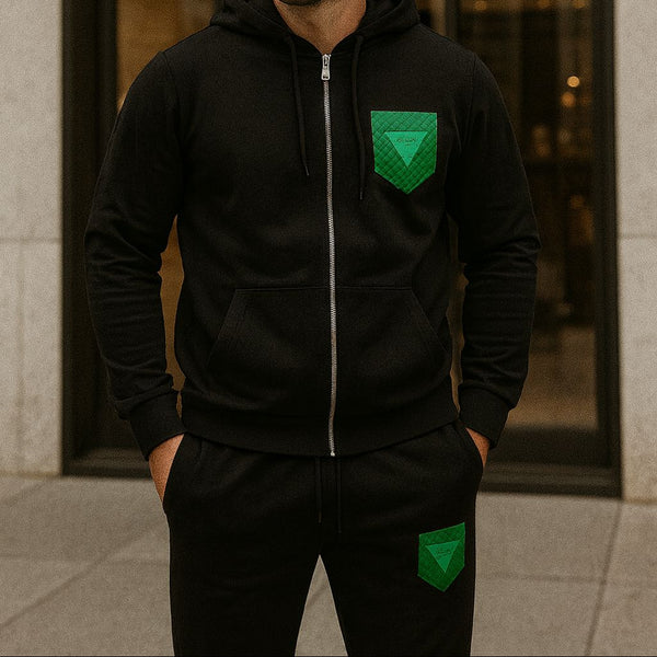 Black Premium Tracksuit with Green Textured Pocket Accents