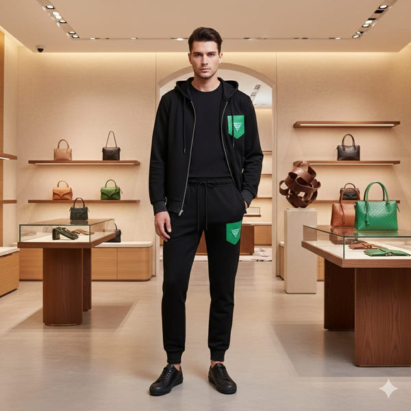 Black Premium Tracksuit with Green Textured Pocket Accents