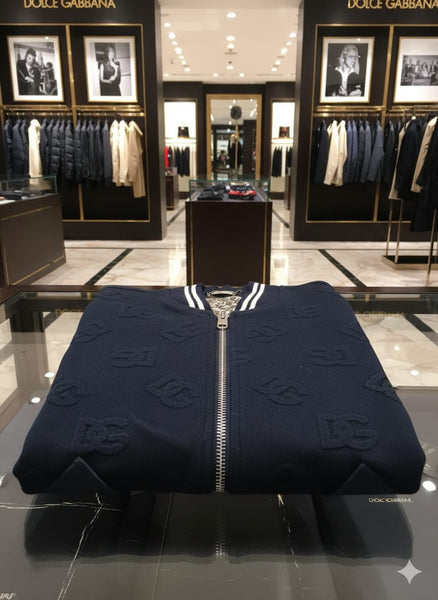 Premium Navy Blue Bomber Jacket with Leather Sleeves