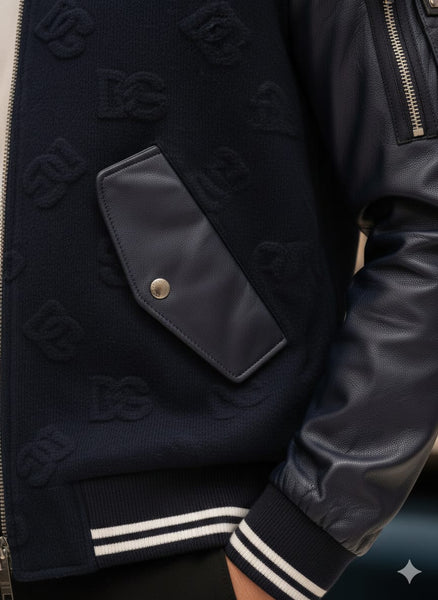 Premium Navy Blue Bomber Jacket with Leather Sleeves