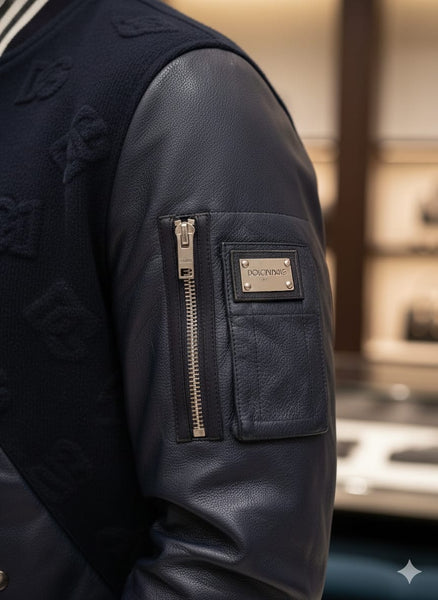 Premium Navy Blue Bomber Jacket with Leather Sleeves