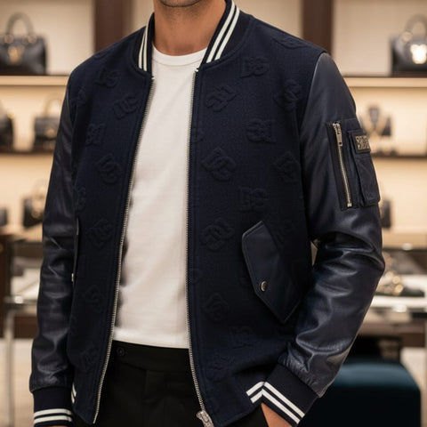 Premium Navy Blue Bomber Jacket with Leather Sleeves