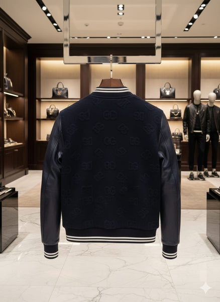 Premium Navy Blue Bomber Jacket with Leather Sleeves