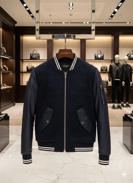 Premium Navy Blue Bomber Jacket with Leather Sleeves