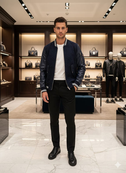 Premium Navy Blue Bomber Jacket with Leather Sleeves