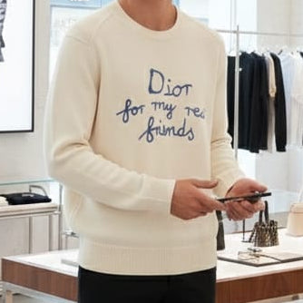 Premium Off-White Knitted Sweatshirt with Blue Embroidered Text
