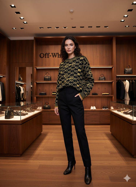 Luxury Black & White Patterned Winter Knit Sweater For Woman