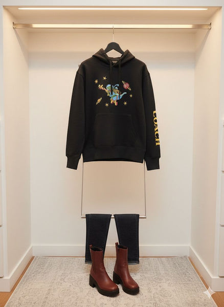 Premium Women Black Space-Themed Graphic Hoodie