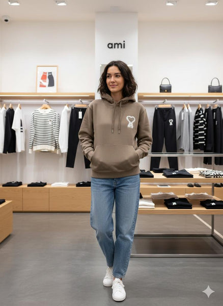 Premium Taupe Brand Heart Logo Hoodie for Woman