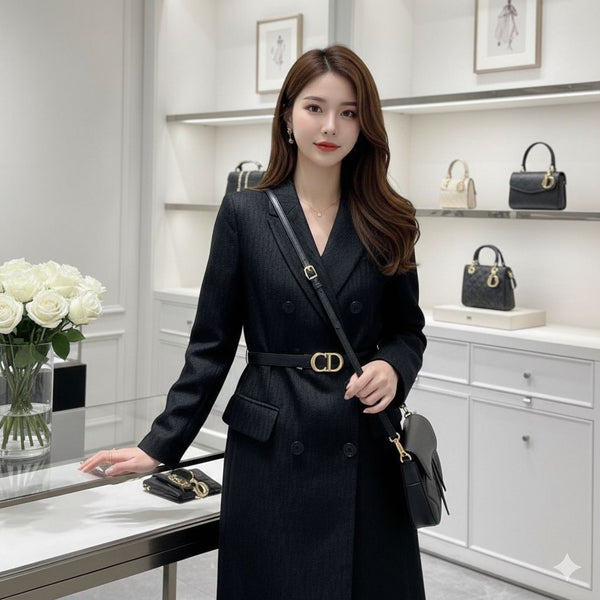 Classic Black Double-Breasted Long Coat with Designer Belt