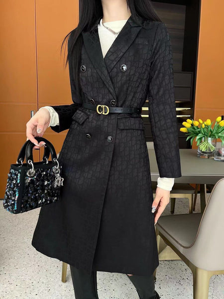Classic Black Double-Breasted Long Coat with Designer Belt