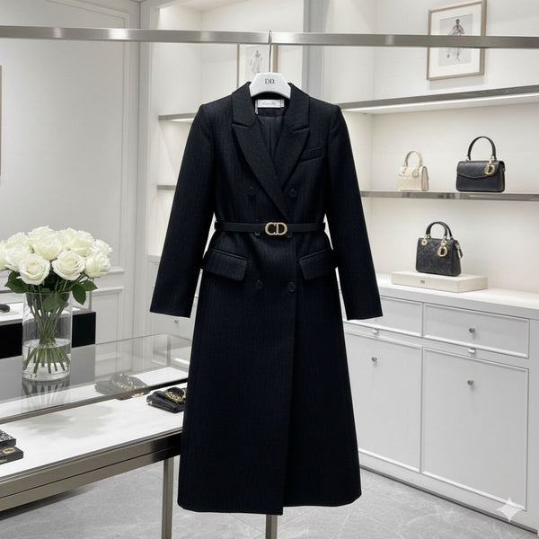 Classic Black Double-Breasted Long Coat with Designer Belt
