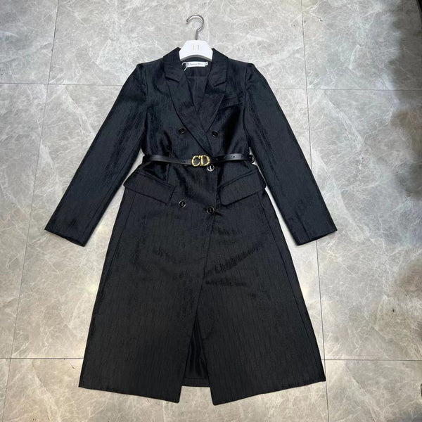 Classic Black Double-Breasted Long Coat with Designer Belt