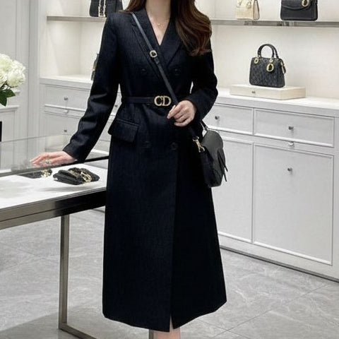 Classic Black Double-Breasted Long Coat with Designer Belt