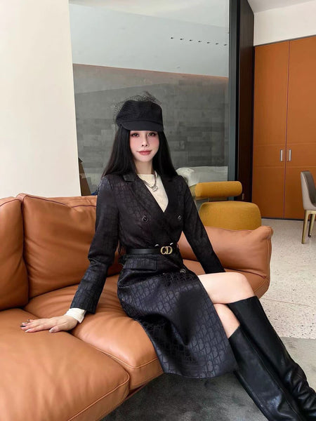 Classic Black Double-Breasted Long Coat with Designer Belt