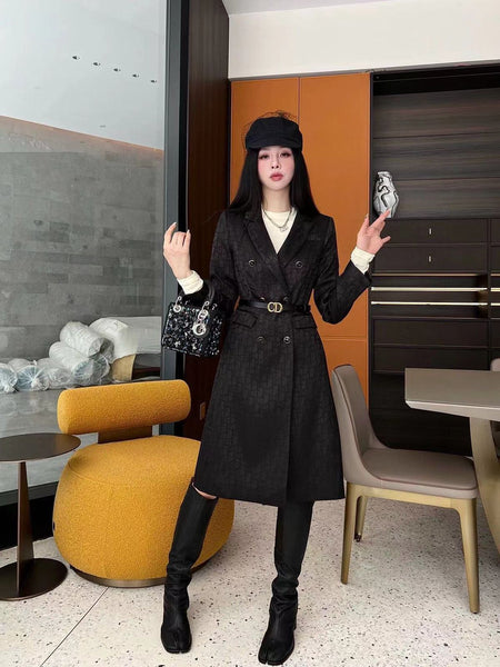 Classic Black Double-Breasted Long Coat with Designer Belt