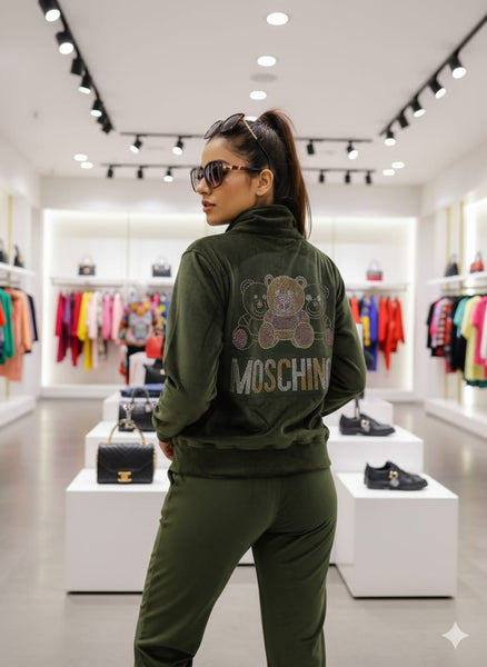 Moschino Olive Green Teddy Logo Tracksuit for Cozy Casual Style