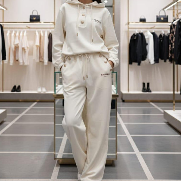 Elegant Cream Track Set with Gold Button Accents Premium Casual Wear