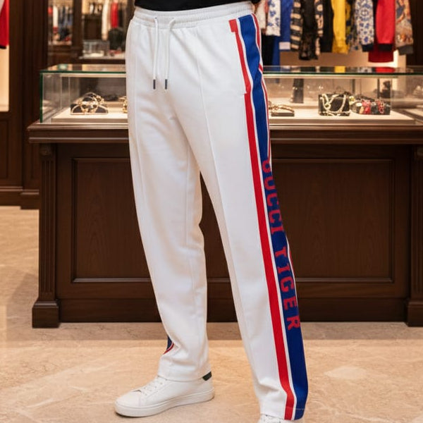 White Premium Track Pants with Red & Blue Side Stripes