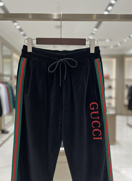 Black Luxury Velvet Track Pants with Green–Red Stripes & Bold Logo