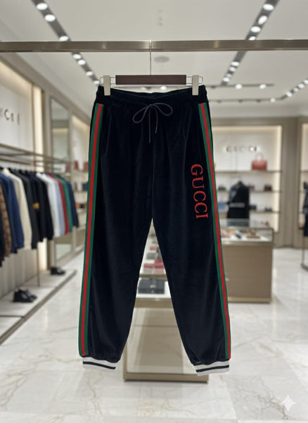 Black Luxury Velvet Track Pants with Green–Red Stripes & Bold Logo