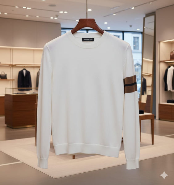 Classic White Pullover with Stylish Arm Stripe
