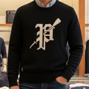 Premium Logo-Intarsia Crew-Neck Black Pullover